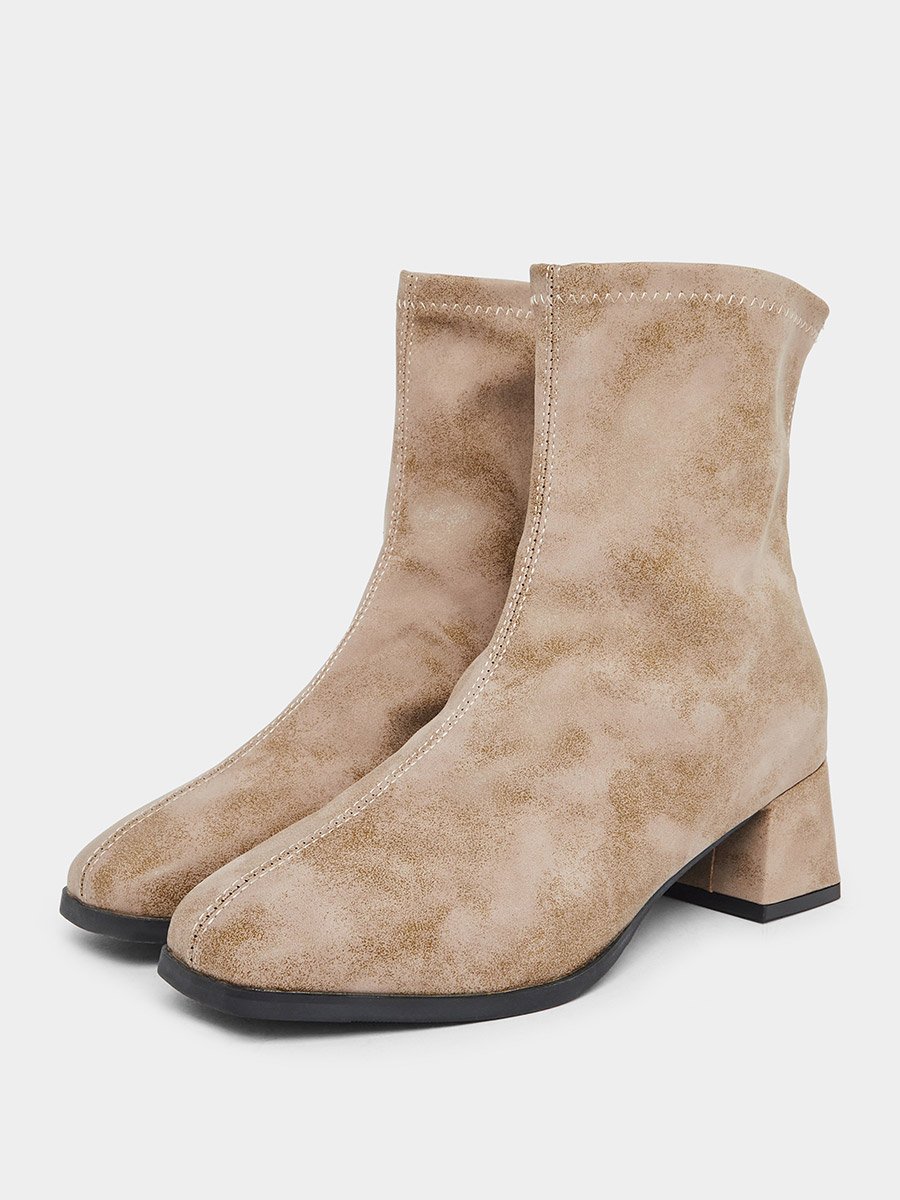 Women Beige Block Heel Ankle Boots