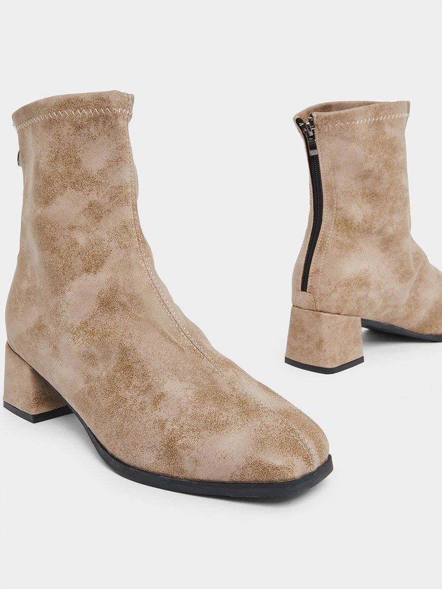 Women Beige Block Heel Ankle Boots