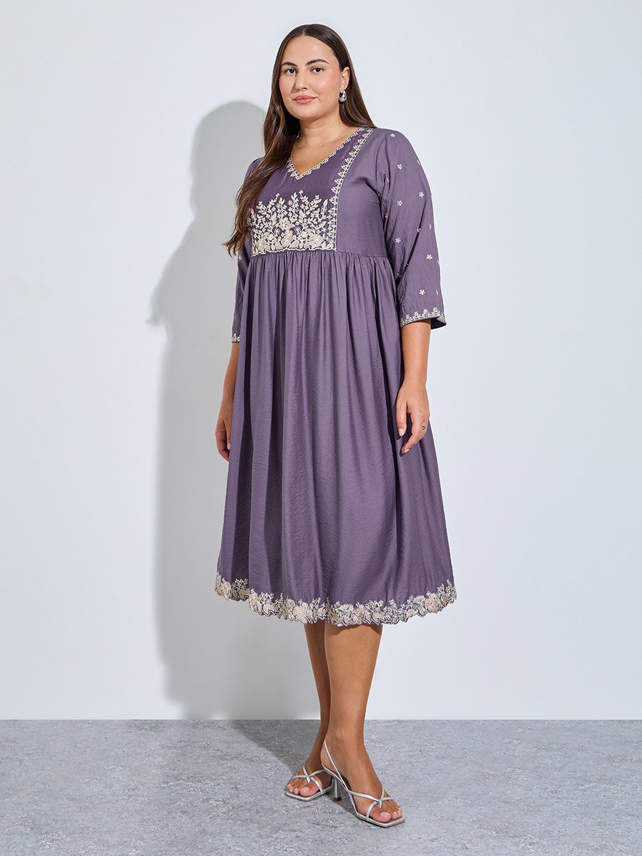 Plus Size Purple Embroidered A-Line Midi Dress