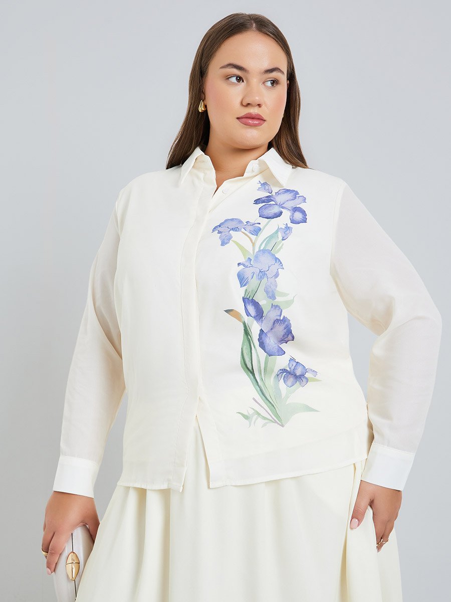 Plus Size Off White Floral Print Shirt