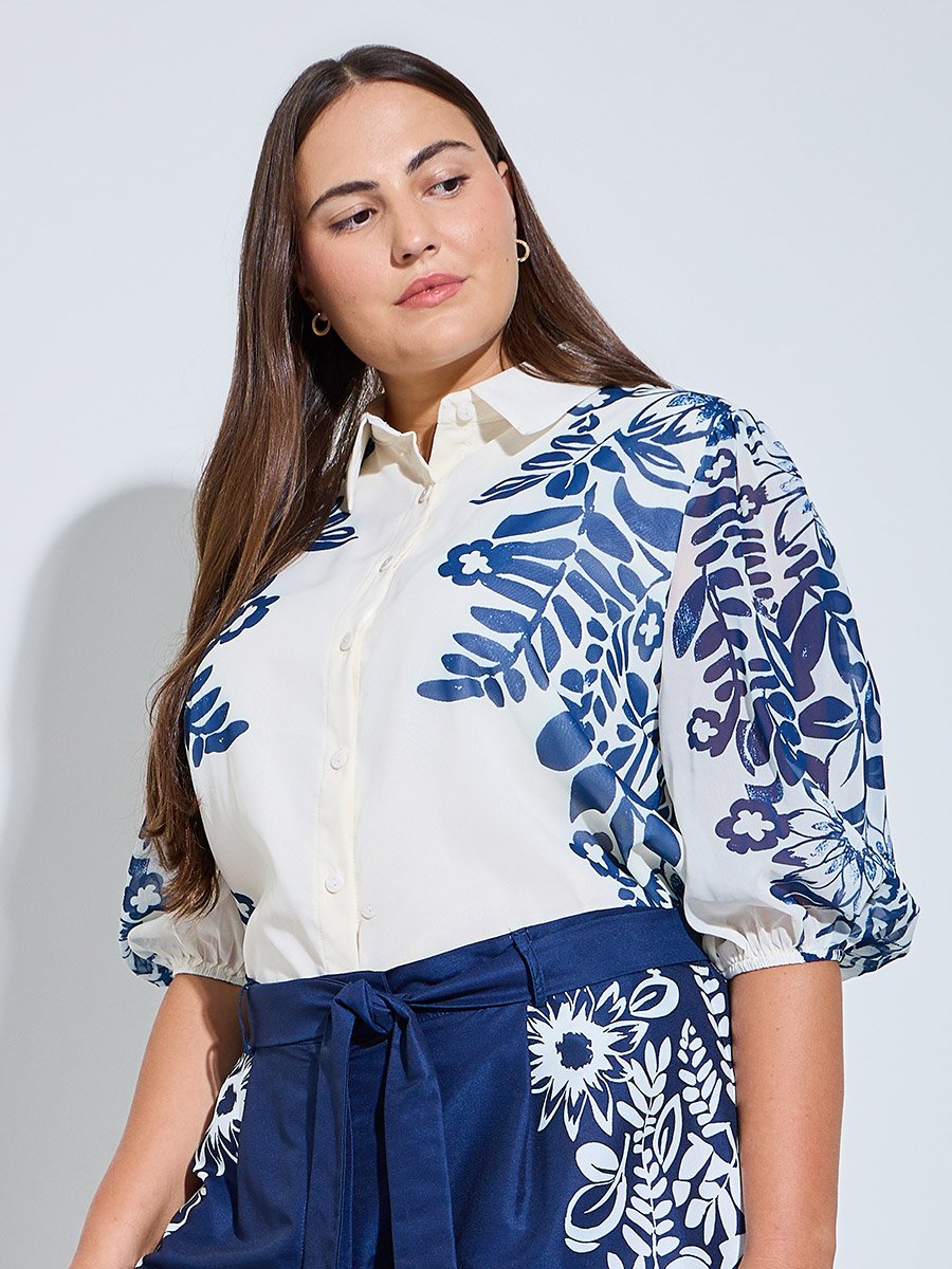 Plus Size Floral Print Belted Blouse