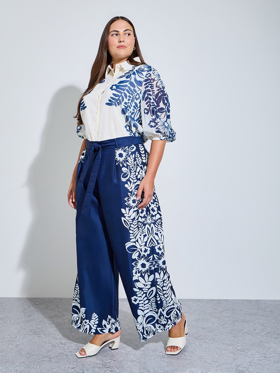 Plus Size Floral Print Belted Blouse