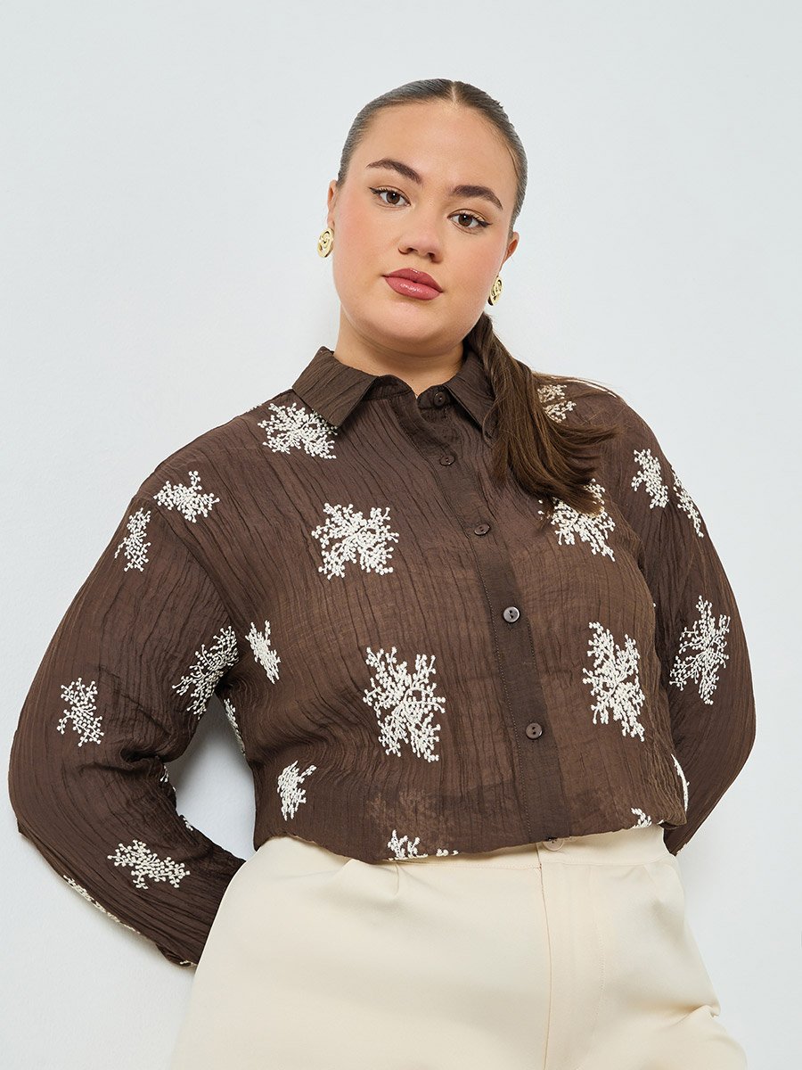 Plus Size Embroidered Long Sleeve Shirt