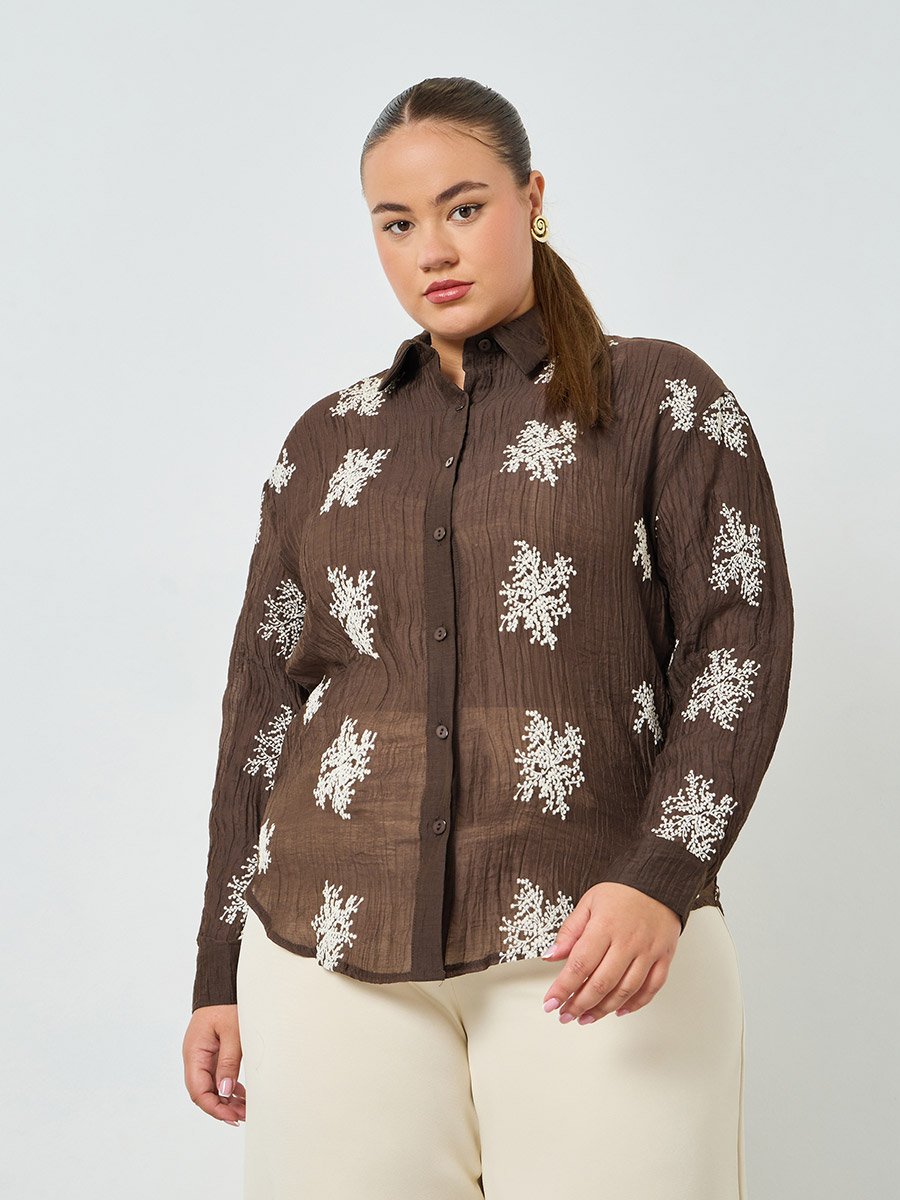 Plus Size Embroidered Long Sleeve Shirt