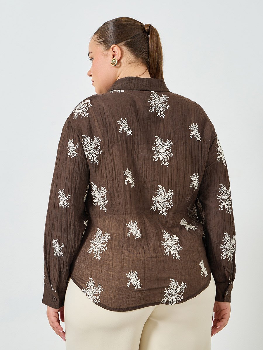 Plus Size Embroidered Long Sleeve Shirt