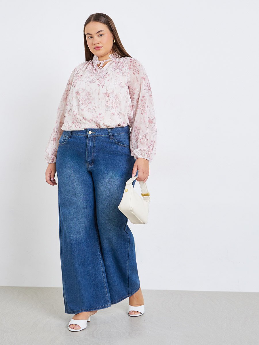 Plus Size Women Floral Print Blouse with Tie Neck