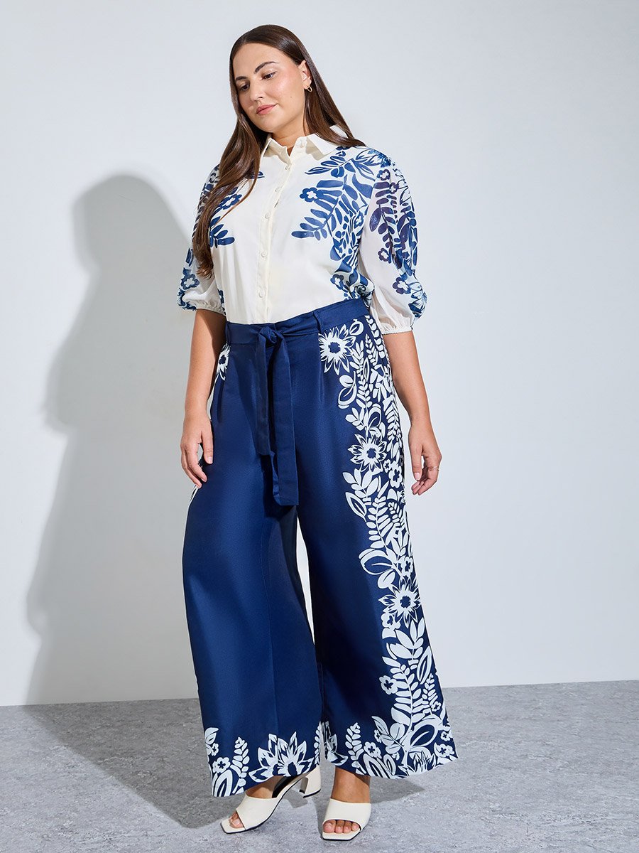 Plus Size Women Navy Blue Floral Wide Leg Trousers