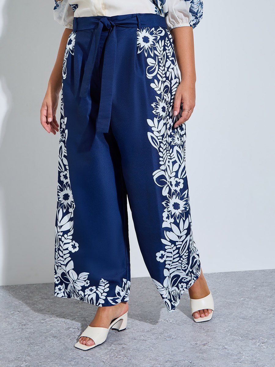 Plus Size Women Navy Blue Floral Wide Leg Trousers