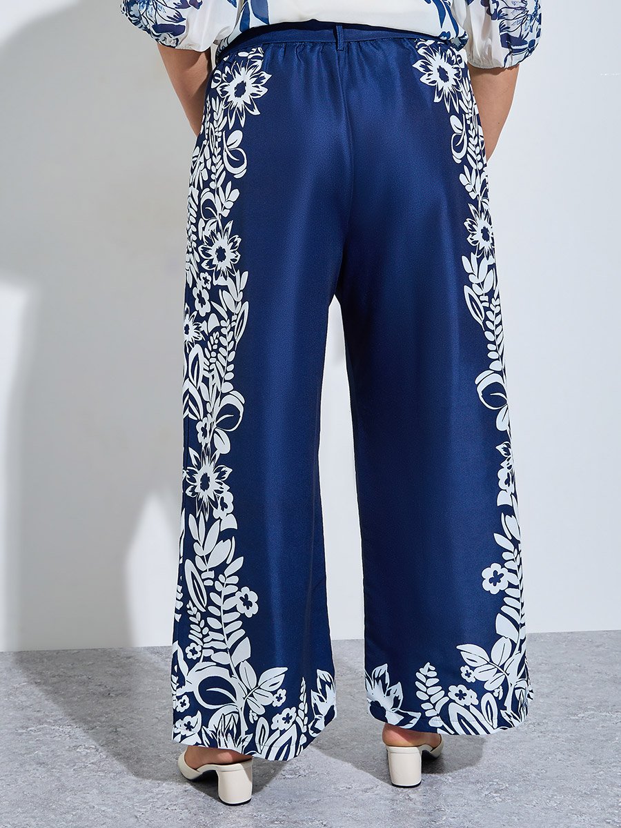 Plus Size Women Navy Blue Floral Wide Leg Trousers