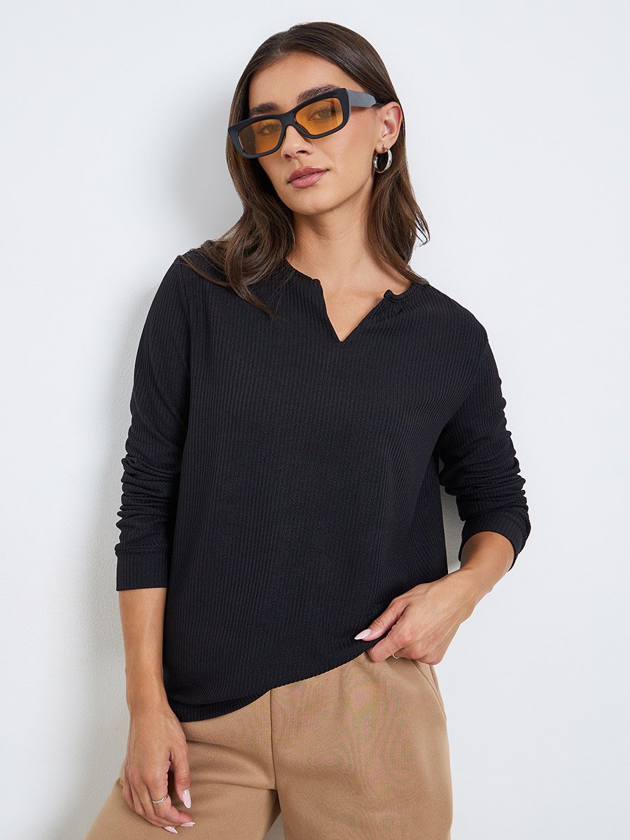 Women Black Textured Knit Long Sleeve T-Shirt
