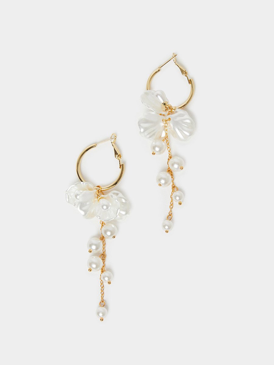 Pearl and Floral Drop Hoop Earrings