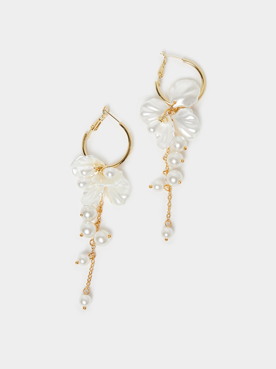 Pearl and Floral Drop Hoop Earrings