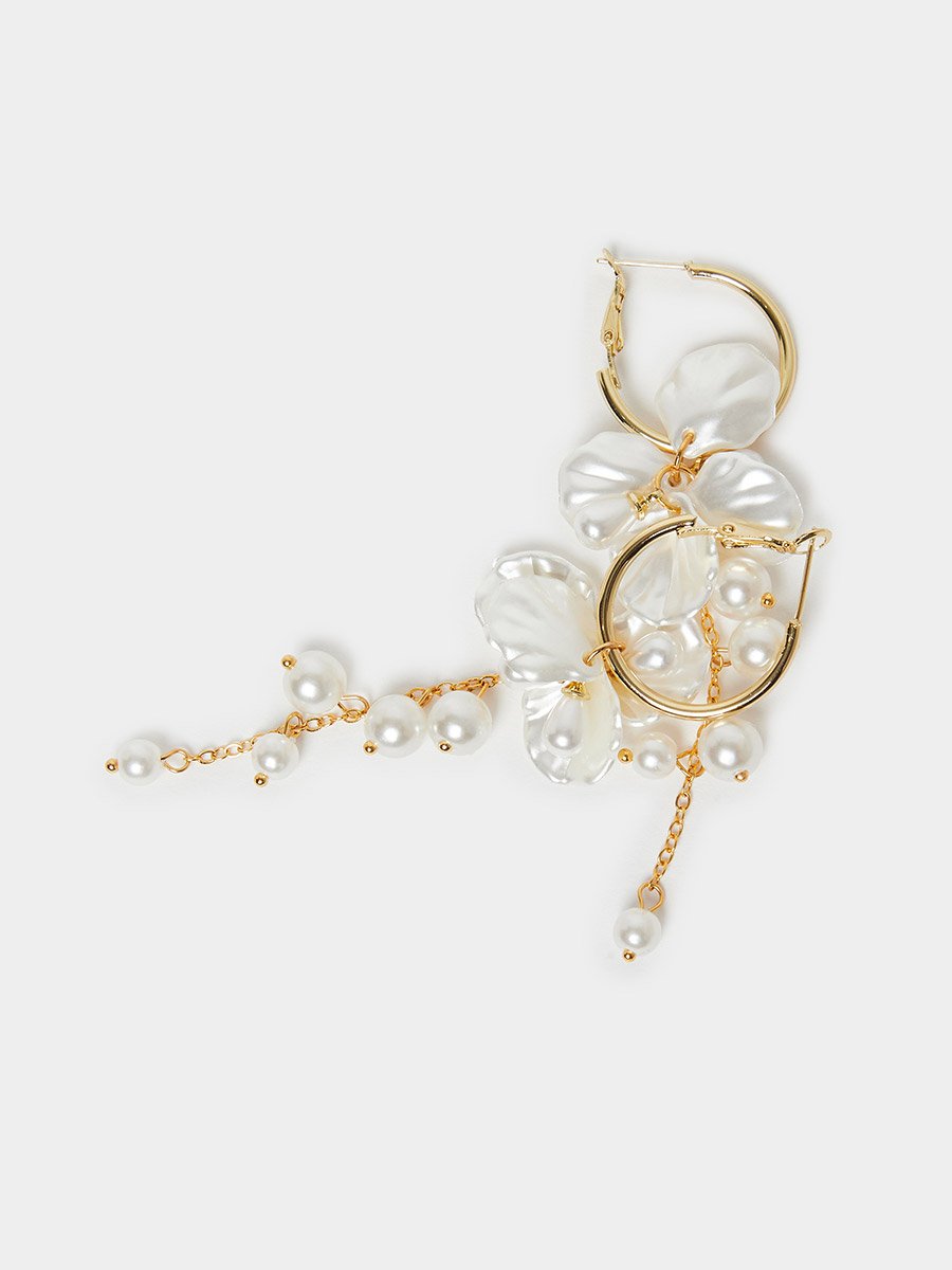 Pearl and Floral Drop Hoop Earrings