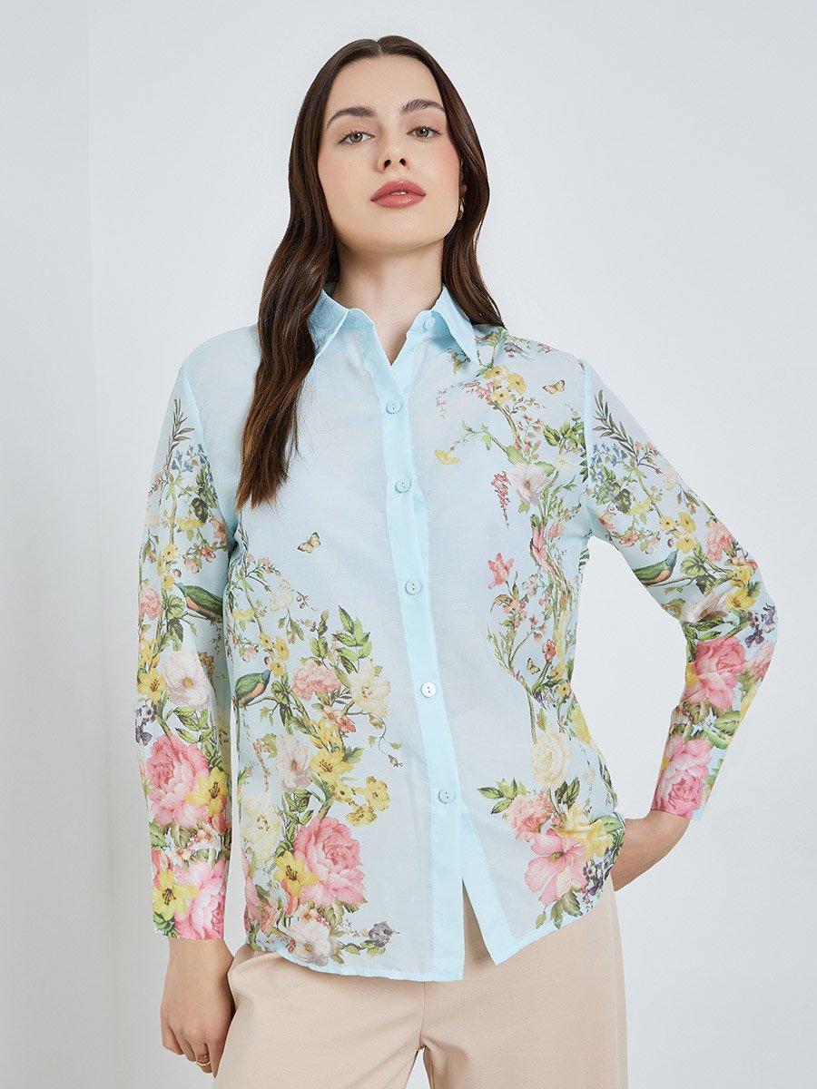 Women Blue Placement Printed Floral Shirt 