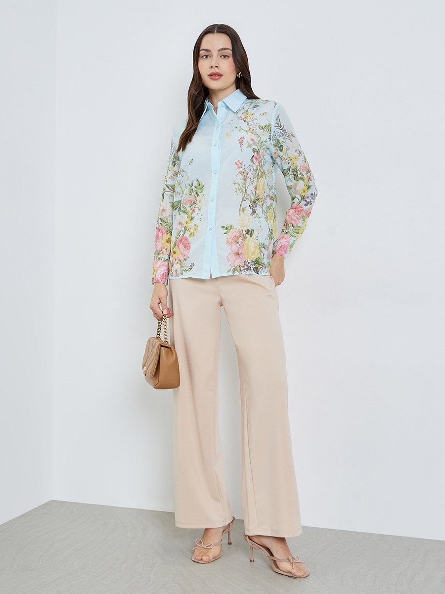 Women Blue Placement Printed Floral Shirt 