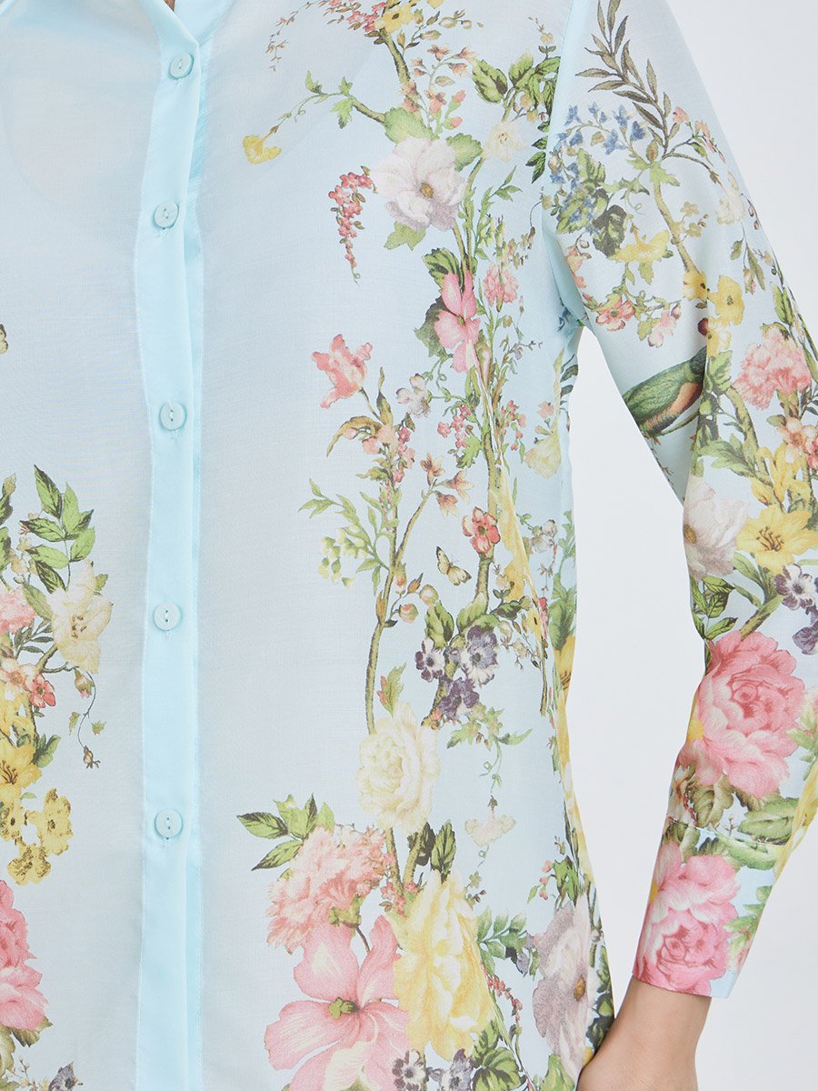 Women Blue Placement Printed Floral Shirt 