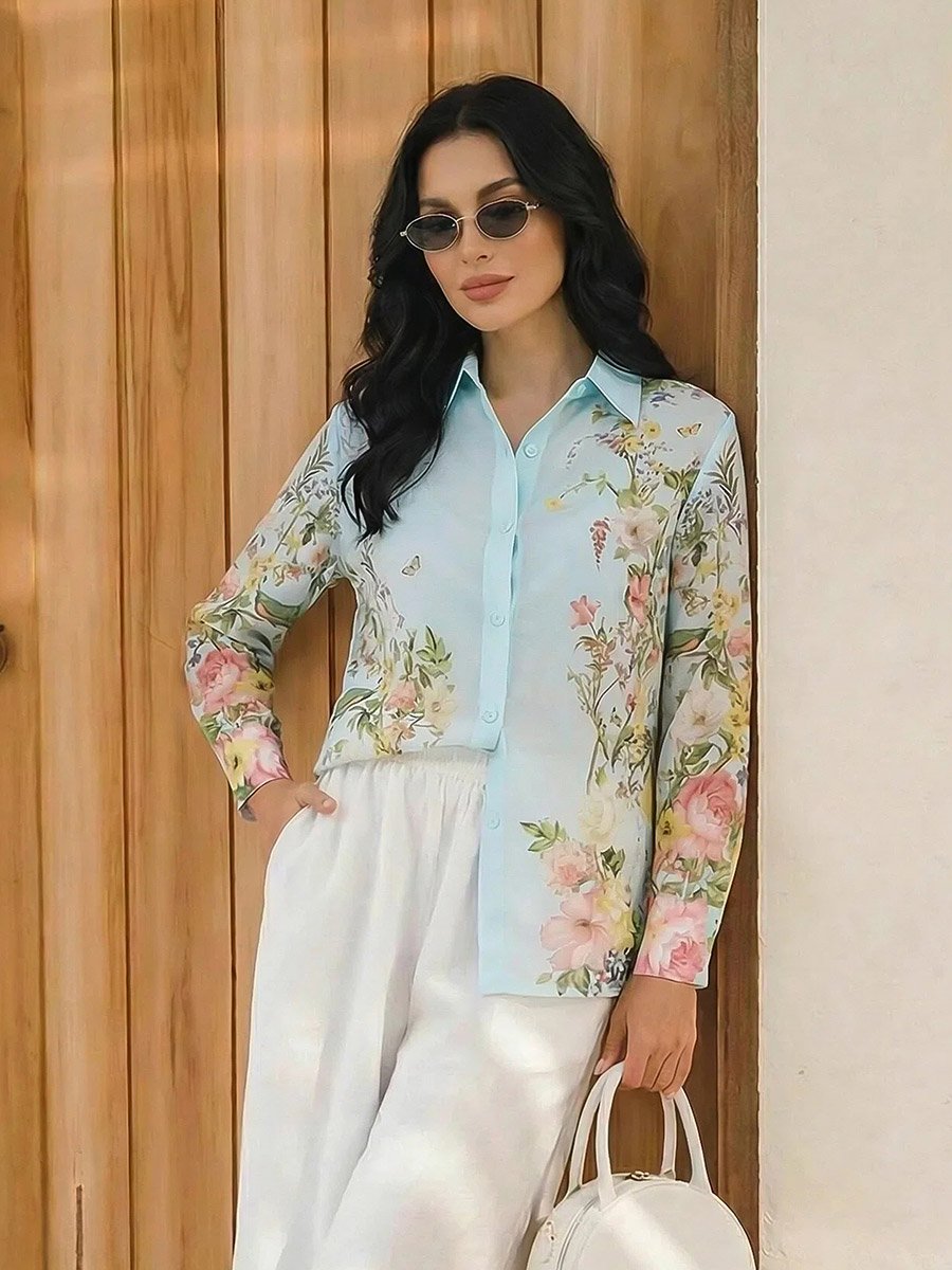 Women Blue Placement Printed Floral Shirt 