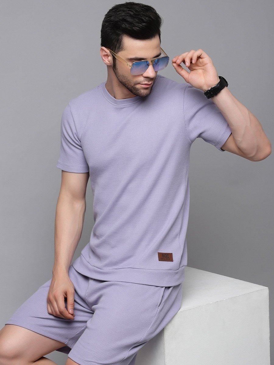 Men Purple Waffle Knit T-Shirt and Shorts Co-Ords