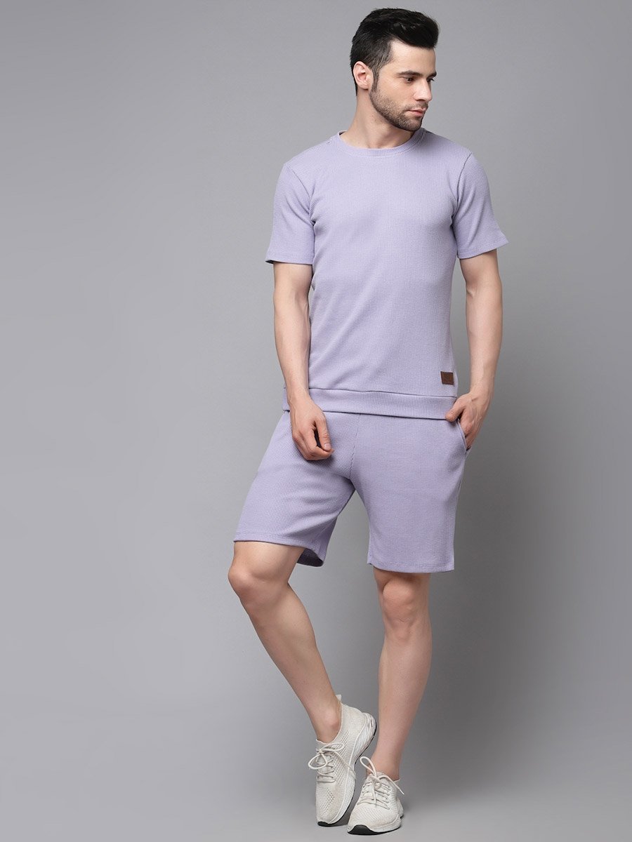 Men Purple Waffle Knit T-Shirt and Shorts Co-Ords