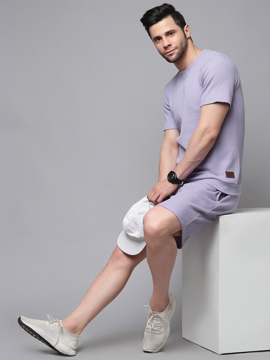 Men Purple Waffle Knit T-Shirt and Shorts Co-Ords