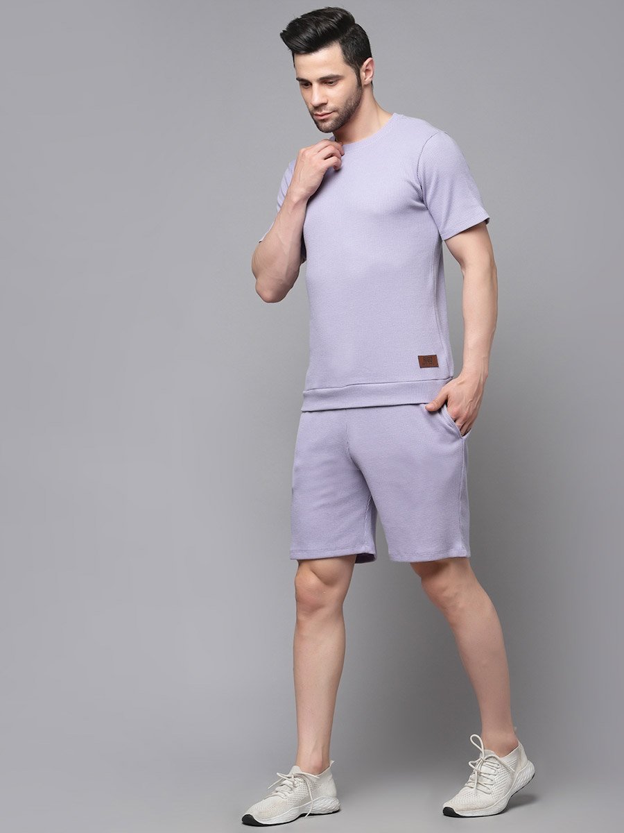Men Purple Waffle Knit T-Shirt and Shorts Co-Ords