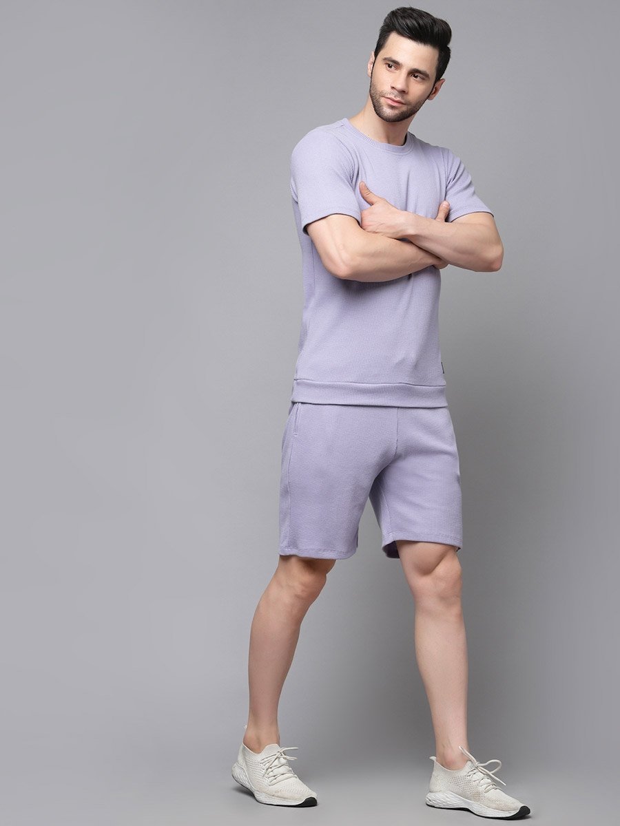 Men Purple Waffle Knit T-Shirt and Shorts Co-Ords