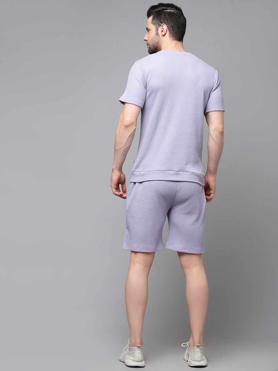 Men Purple Waffle Knit T-Shirt and Shorts Co-Ords