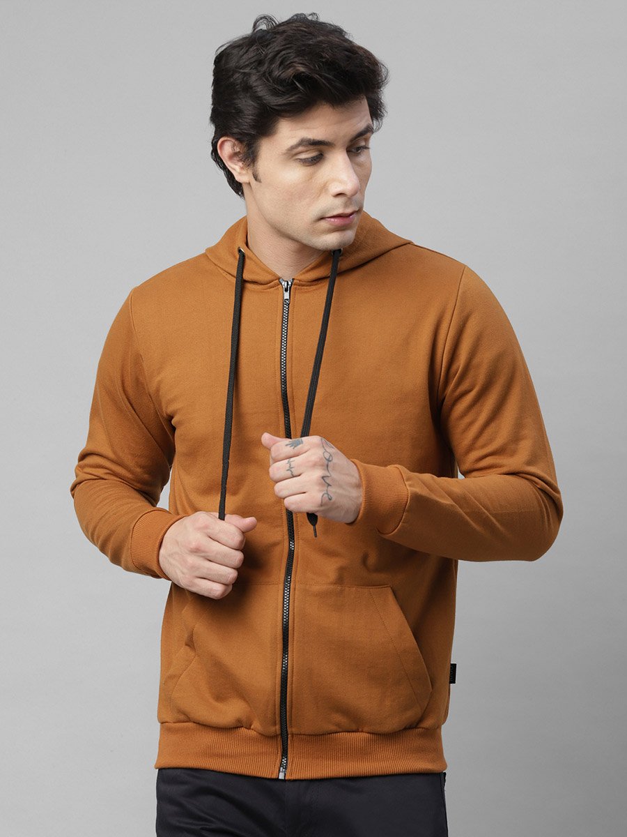 Men Brown Fleece Hooded Jacket