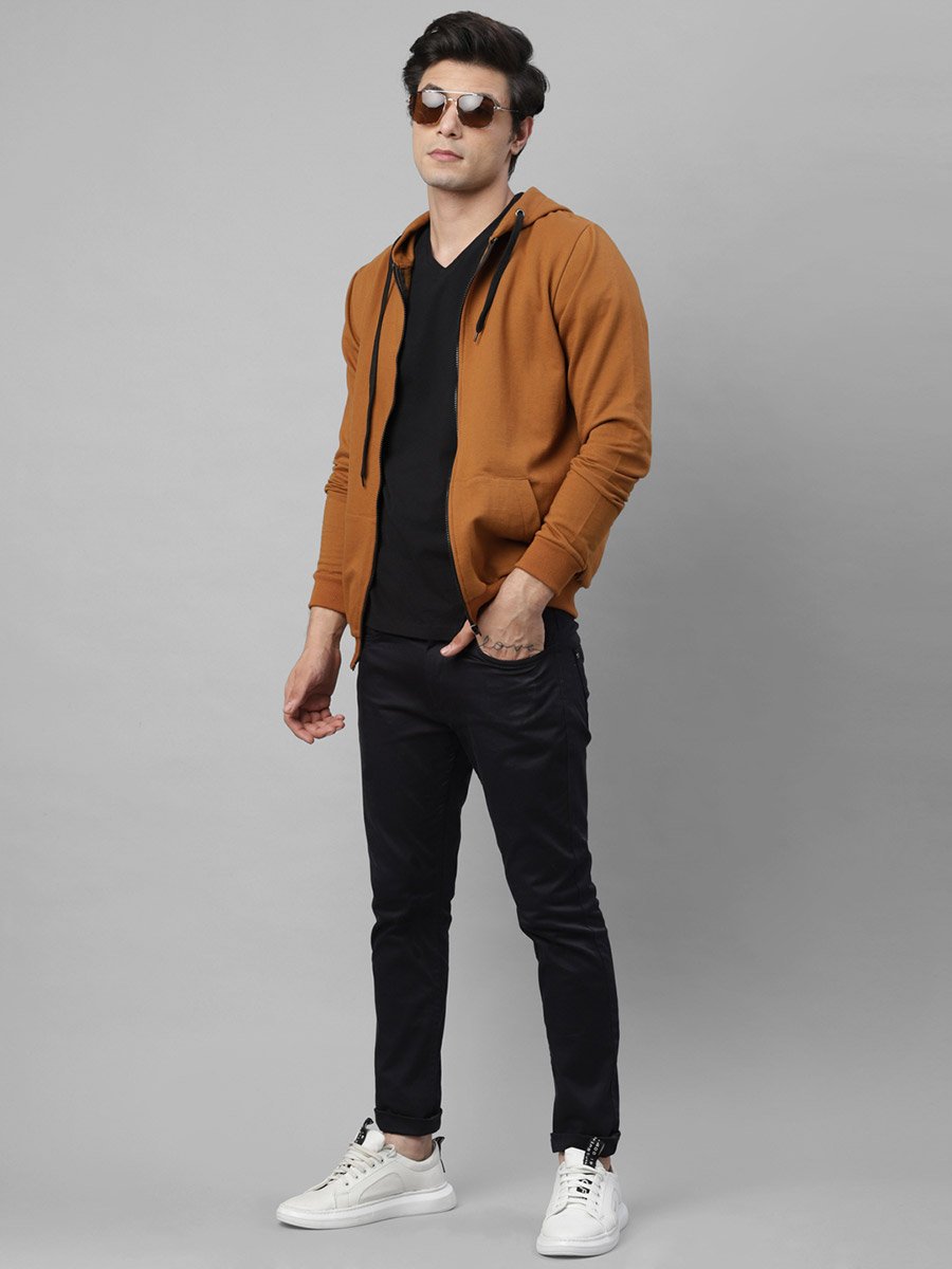 Men Brown Fleece Hooded Jacket