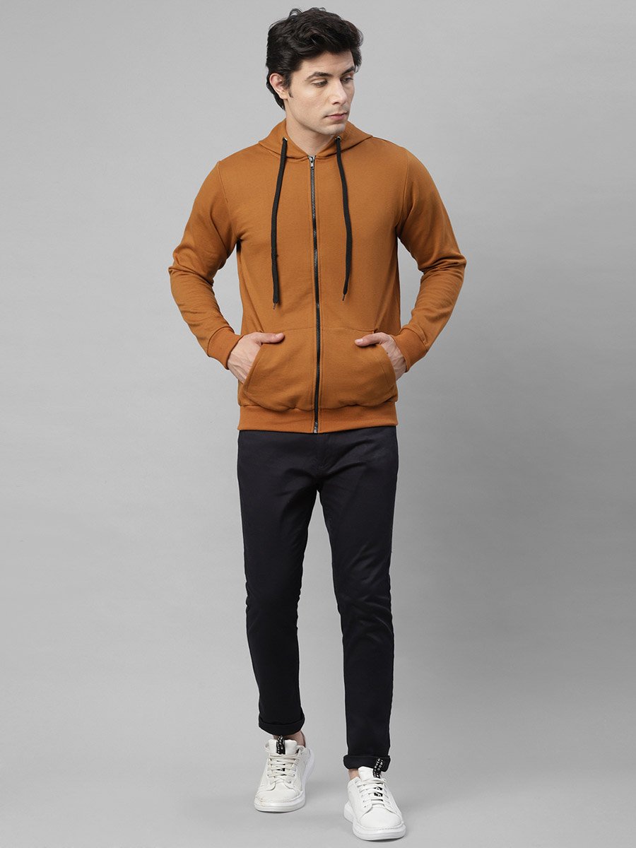 Men Brown Fleece Hooded Jacket