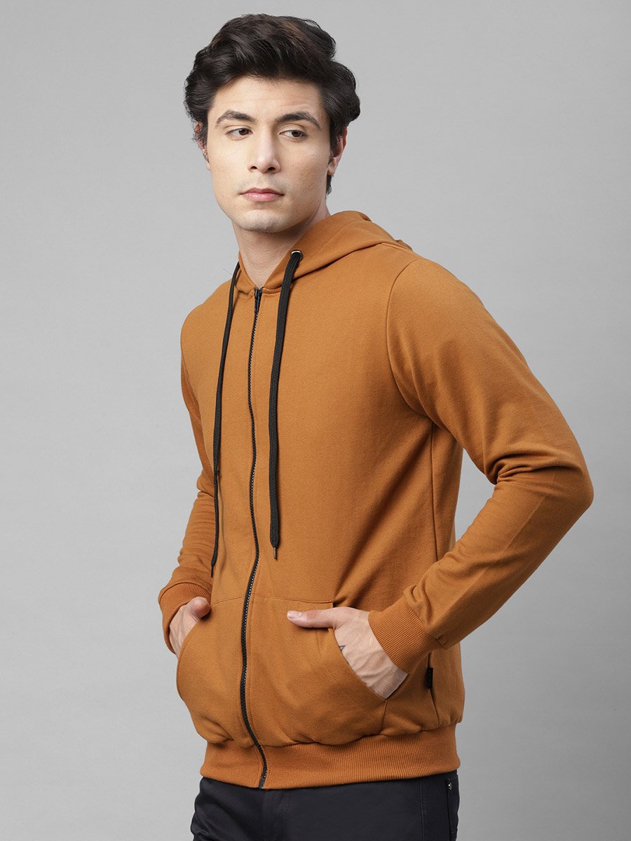 Men Brown Fleece Hooded Jacket