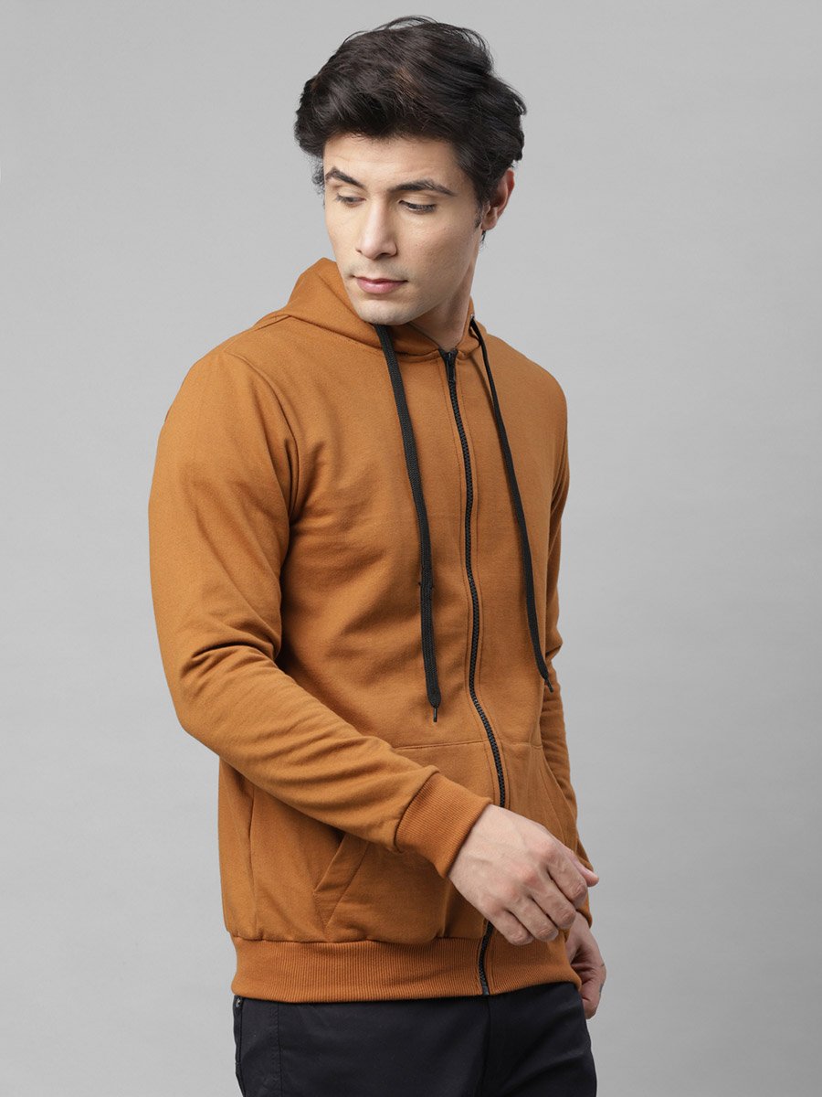 Men Brown Fleece Hooded Jacket