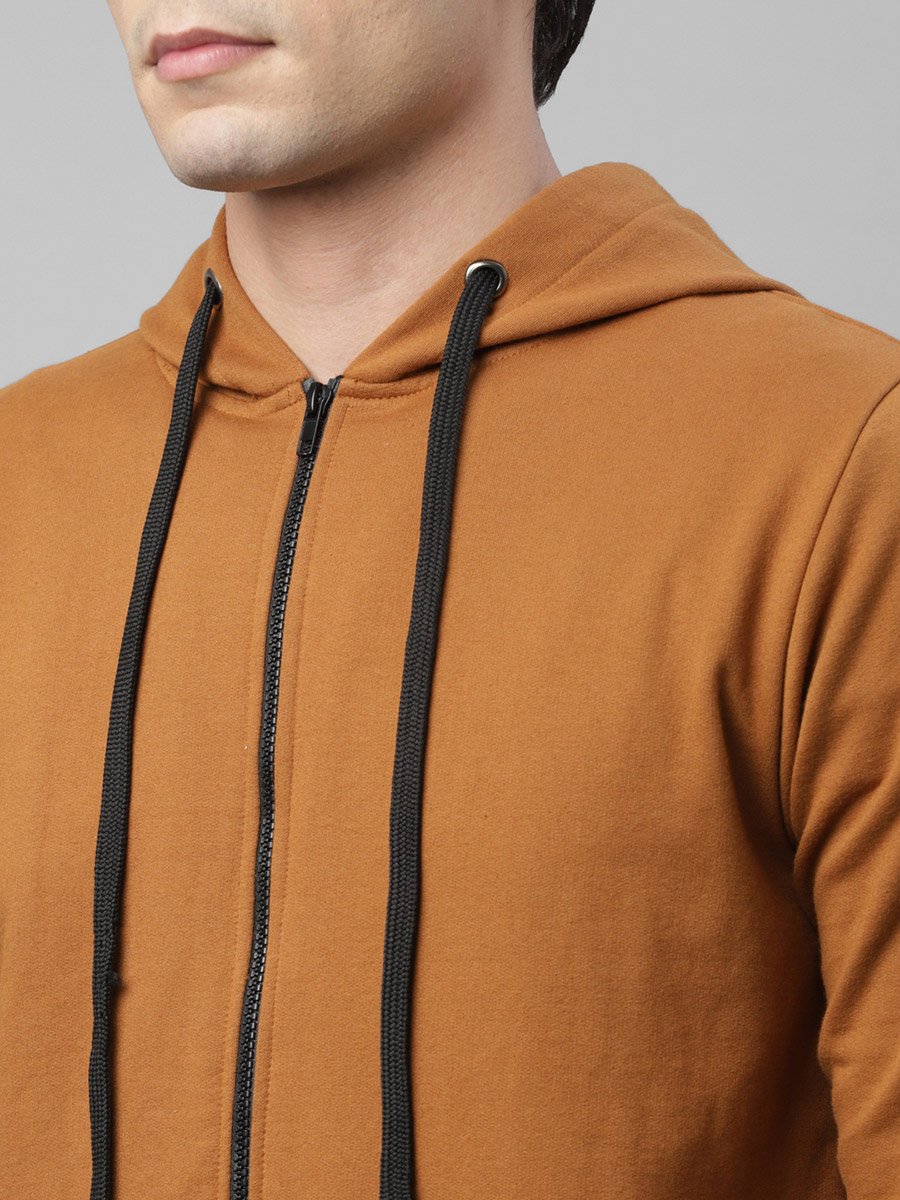 Men Brown Fleece Hooded Jacket