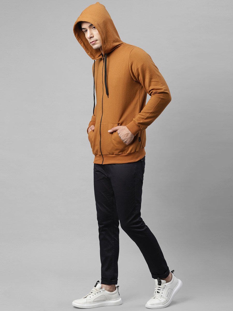 Men Brown Fleece Hooded Jacket