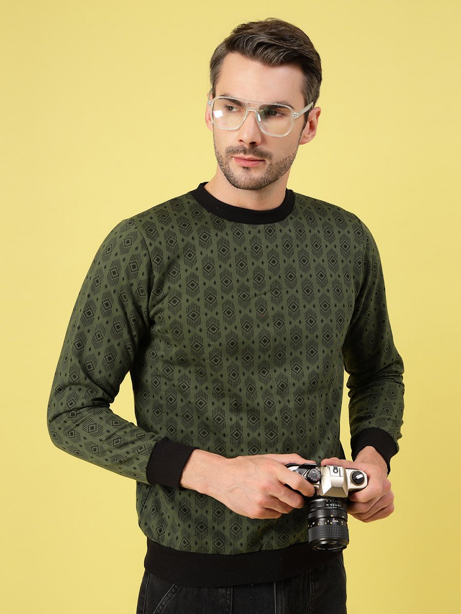 Men Olive All Over Print Fleece Sweatshirt