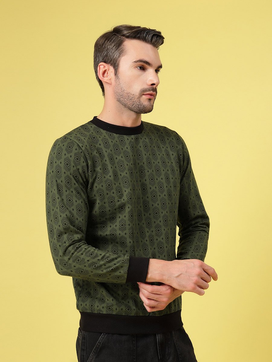 Men Olive All Over Print Fleece Sweatshirt