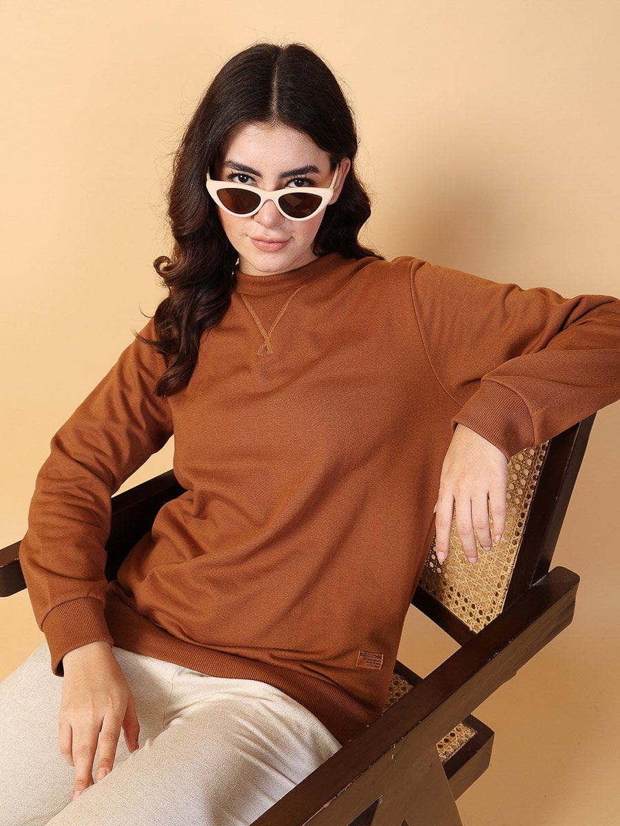 Women Brown Neck Stitch Detail Basic Fleece Sweatshirt