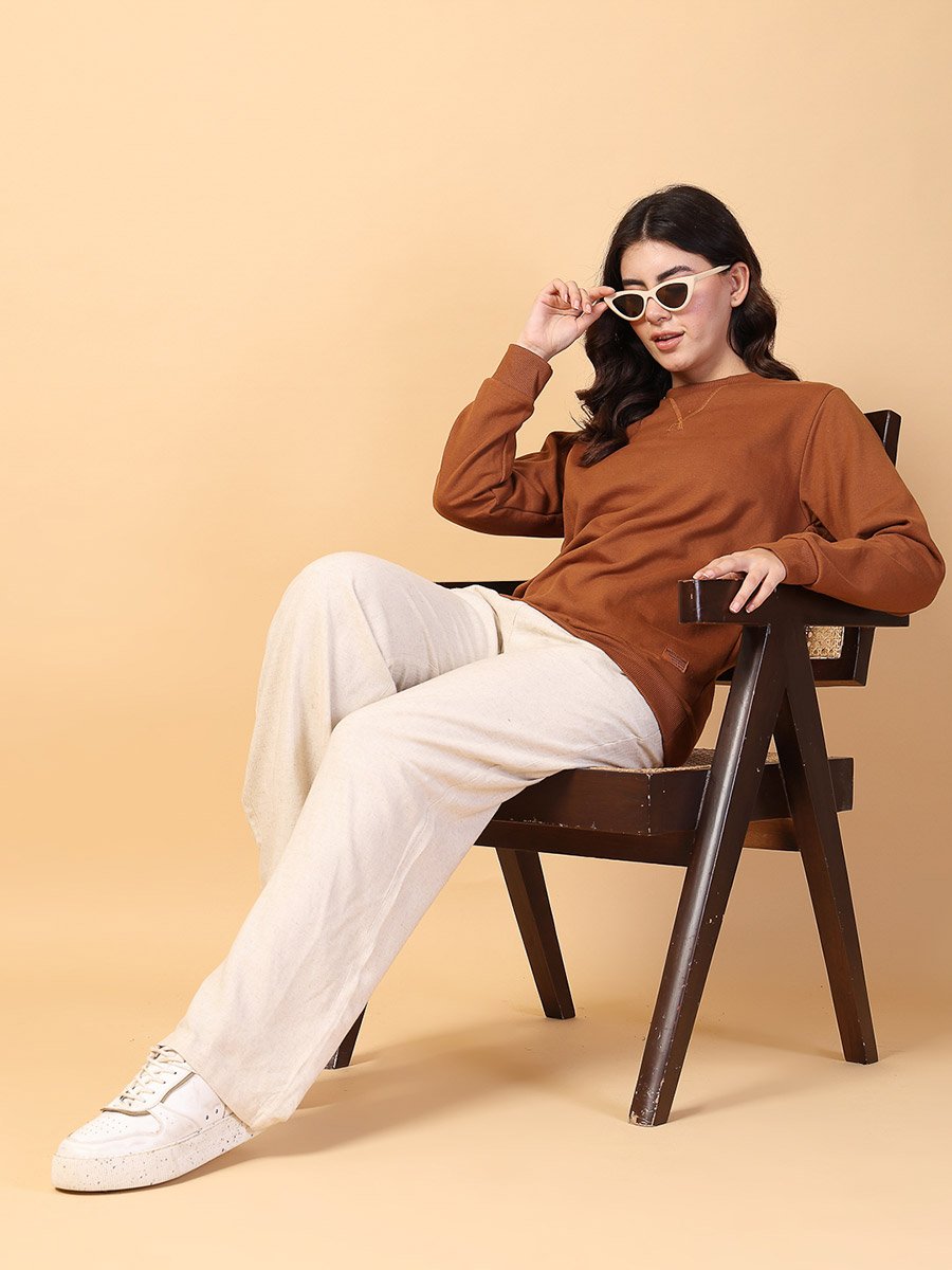 Women Brown Neck Stitch Detail Basic Fleece Sweatshirt