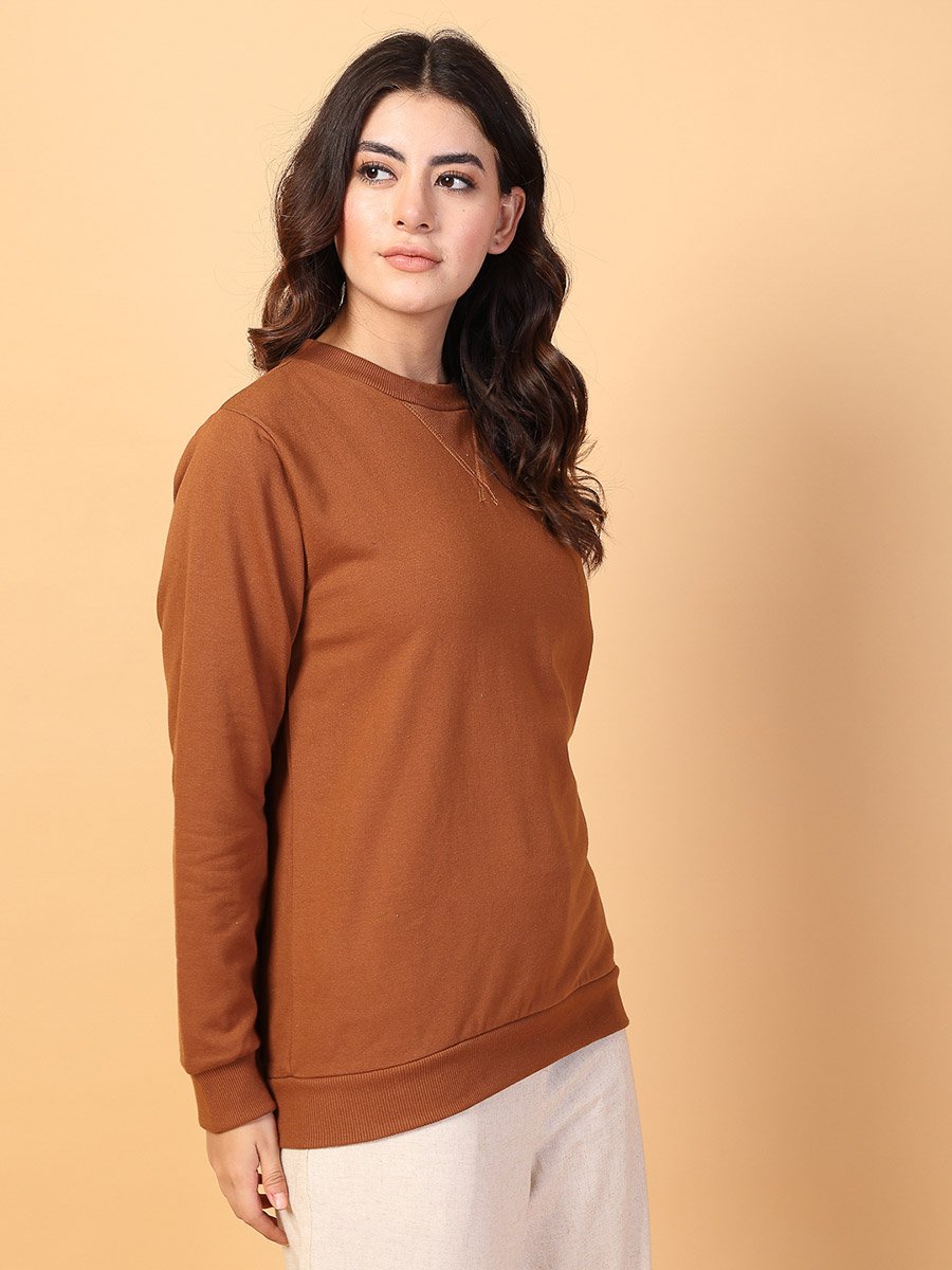Women Brown Neck Stitch Detail Basic Fleece Sweatshirt