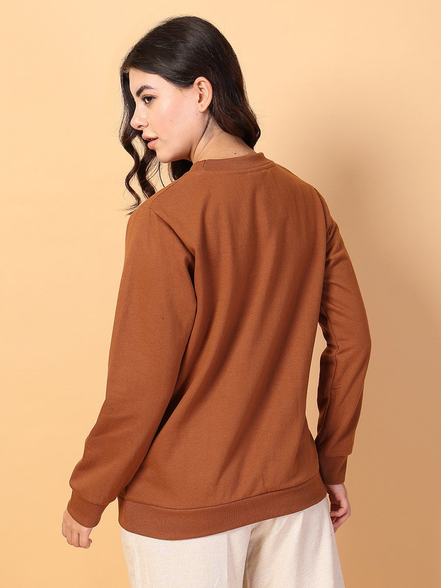 Women Brown Neck Stitch Detail Basic Fleece Sweatshirt