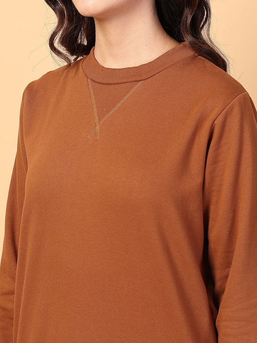 Women Brown Neck Stitch Detail Basic Fleece Sweatshirt