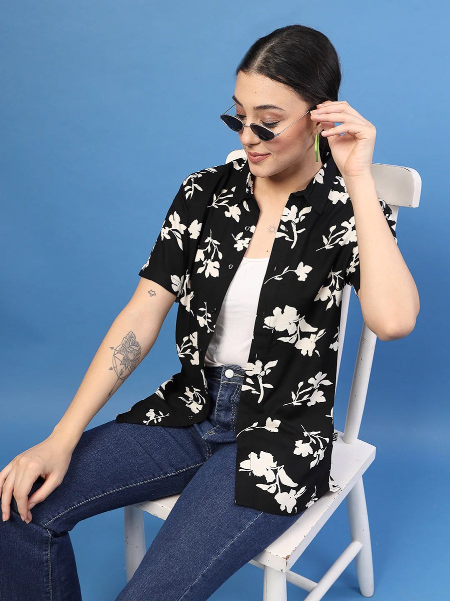 Women Black Floral Print Slim Fit Shirt