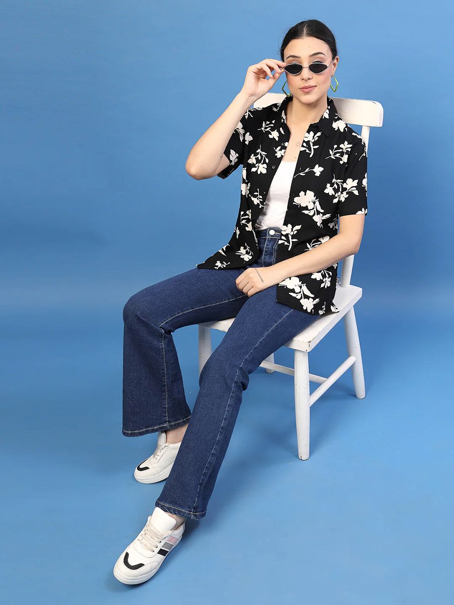 Women Black Floral Print Slim Fit Shirt