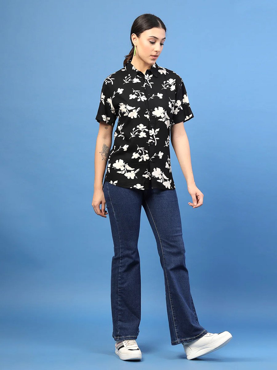 Women Black Floral Print Slim Fit Shirt