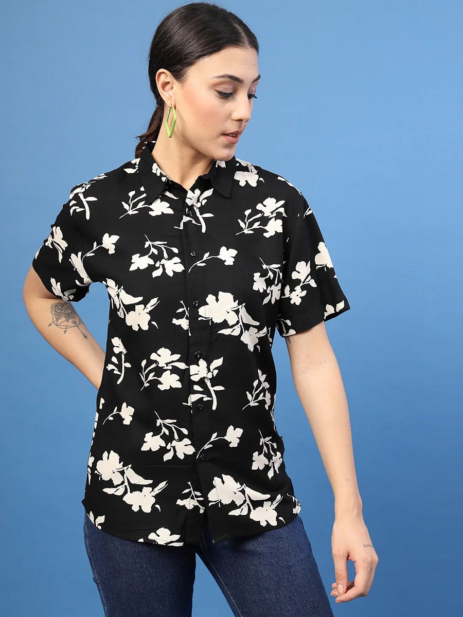 Women Black Floral Print Slim Fit Shirt