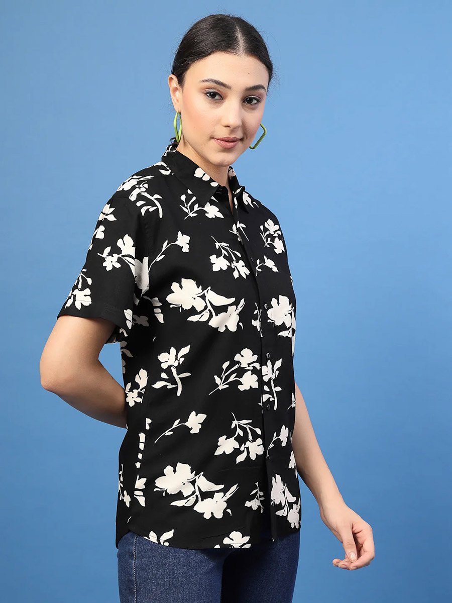 Women Black Floral Print Slim Fit Shirt