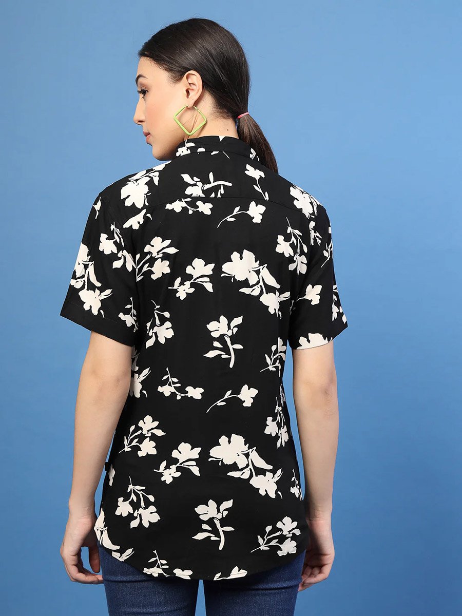Women Black Floral Print Slim Fit Shirt