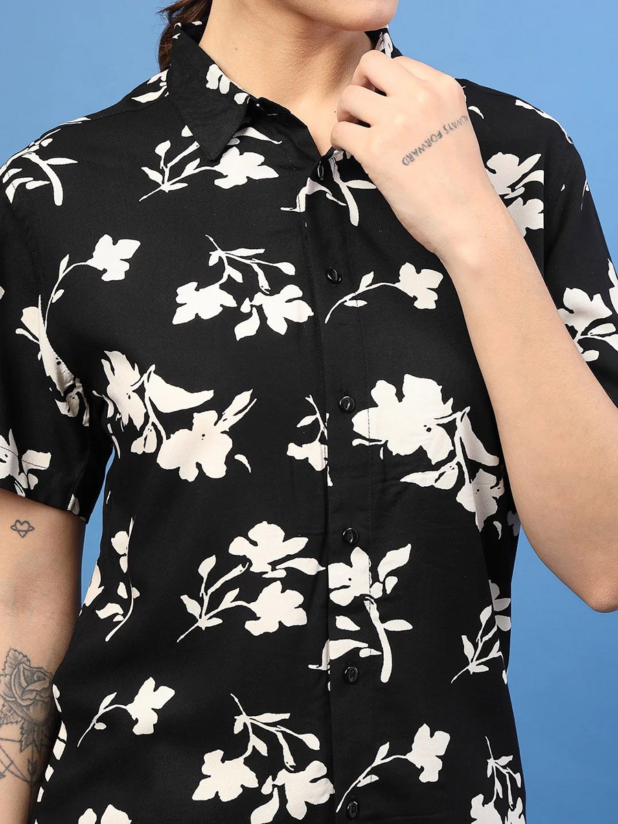 Women Black Floral Print Slim Fit Shirt