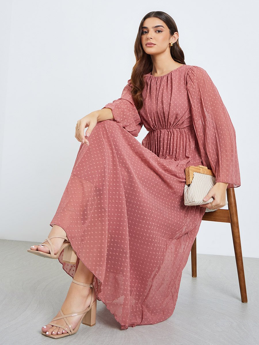 Women Pink Dobby Fabric A-Line Maxi Dress