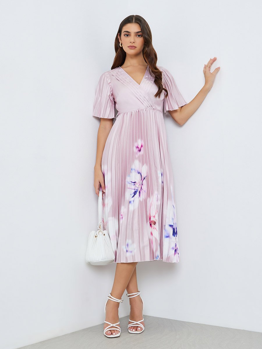 strapless open back dress Novia Pink Floral Print Pleated Midi Dress – Relvoux Womenswear